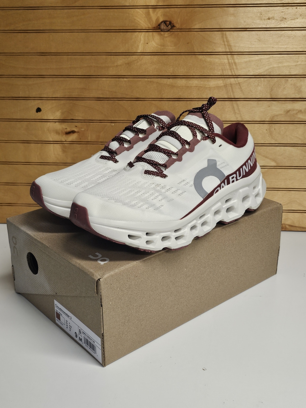 On Running Men's Cloudmonster 3 White / Maroon Running Shoes New